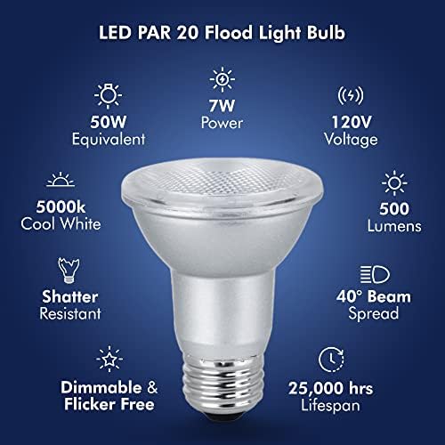 Xtricity LED Par20 sijalica za poplavu sa mogućnošću zatamnjivanja, 7 Watt , 500 lumena, 5000k meka Bijela, 120V, unutrašnja/Vanjska, Energy Star certificirana, ul