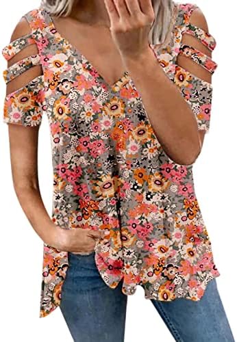 Ženske Plus Size Casual Shirts Ženske Ljetne Casual Izrez Kratki Rukavi Modni Print Izrez Top Duga Majica