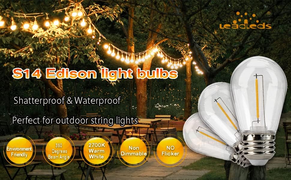 Leadleds 15 Pack LED žarulje, S14 Plastic Shatterproof Edison Vintage Style zamjena 1 W vanjske sijalice 2700k, vodootporne, toplo bijele ekvivalentno 11w, E26 baza