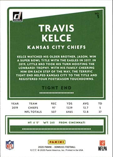 2020. Donruss # 3 Travis Kelce Kansas Chiefs Chiefs NCL Fudbalska karta NM-MT