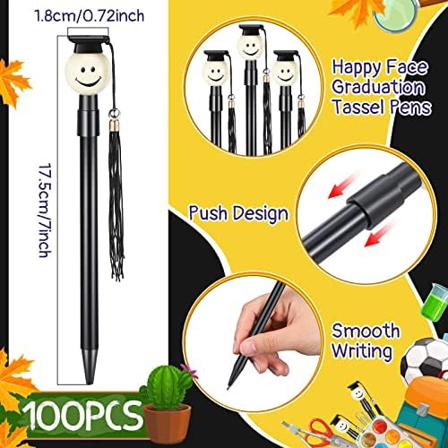 100 Bulk Graduation Cap hemijska olovka sa resicama Happy Face okruglog oblika Rollerball olovka 0.7 mm crna Gel Tinta lijep poklon
