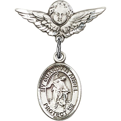 Srebrna značka za bebe sa šarmom anđela čuvara i iglom za značku anđela sa krilima 7/8 X 3/4 inča
