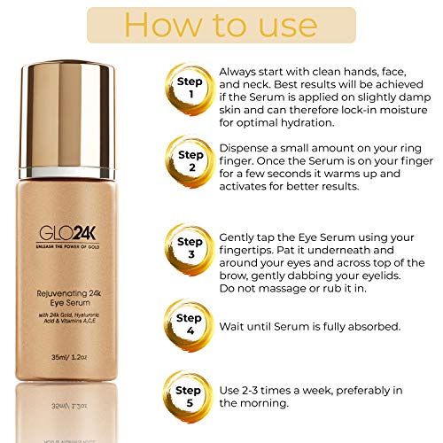 GLO24K serum očiju sa 24K zlatnom, hijaluronskom kiselinom i vitaminima A, C, e. Moćna formula za osjetljivu kožu oko očiju.