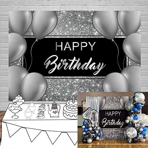 Laeacco Happy Birthday backdrops 7x5ft crna i srebrna Glitter Birthday Backdrops za muškarce sivi baloni birthday Party Decoration