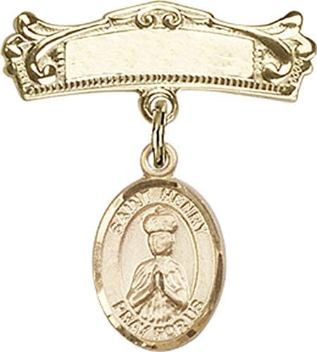 Jewels Obsession Baby Badge sa šarmom Svetog Henrija II i lučnom poliranom značkom / 14k Zlatna bebina značka sa šarmom Svetog Henrija