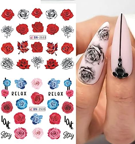 Cvijet ruže naljepnice za umjetnost noktiju proljeće ljeto naljepnice za nokte akvarel cvijet cvijeta ruža crveno ružičasti dizajn
