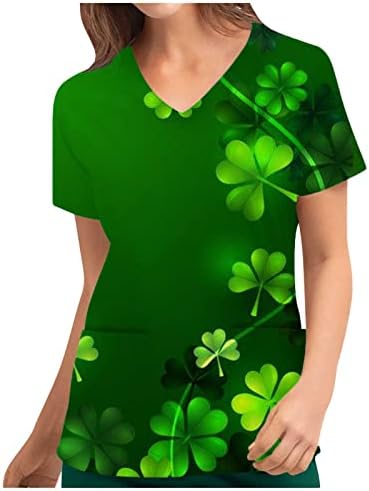 Scrub_Tops žene Radne uniforme T-Shirt Trendy St. Patrick Dan Print kratki rukav V vrat pulover džep tunika