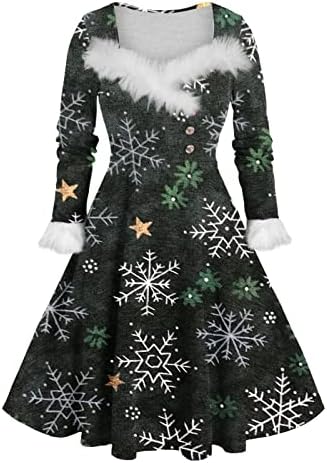Božić Print Flare haljina za žene Fuzzy krzno V vrat Swing Holiday Party Dress Mrs Santa Claus Costume Božić Outfits