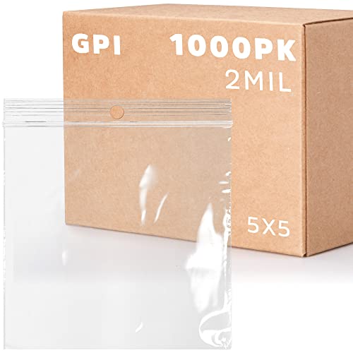 GPI-5 x 5 - Bulk slučaj 1000, 2 mil debljine, Clear Plastic Reclosable zip torbe, Hang rupa za prikaz, izdržljiv Poli Baggies sa Zipp