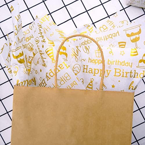 MR FIVE 100 listova Zlatni rođendanski papir u rasutom stanju,20 x 14, bijeli sa zlatom dizajn maramice za Sretan rođendan za poklon