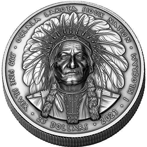 2023 DE indijski šef Powercoin Sedettion Bull 1 kg Kilo Srebrni novčić 25 $ Sioux Nation 2023 Antique Finish