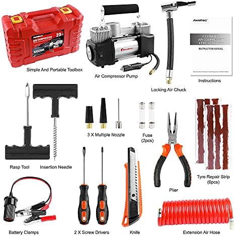 AWELTEC kompresor za punjenje zraka za automobil - Dvostruki cilindar DC 12V Heavy Duty prijenosni nadupnik guma sa kompletom za zupčare