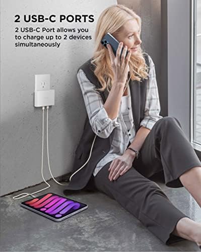 iHome Multiport USB-C punjač : AC Pro 2-portni ravni USB C punjač, dvostruki USB C zidni Punjač, brzo punjenje kompatibilan USB -