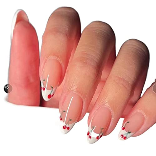24kom bademova presa na noktima srednje lažni nokti, Cherry uzorak Full Cover slatki francuski umjetni nokti za žene i djevojke