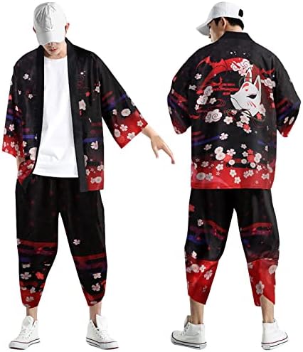 Muška Slim Fit Odijelo Muška Slobodno Vrijeme Opuštena Antikna Digitalna Štampa Kimono Cassock Cardigan Shirt Hlače Shirt Shirt