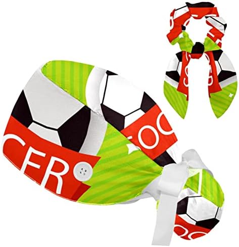 Nogometne fudbalske lopte uzorak zelena radna kapa sa dugmadima, šešir za dugo ribanje kose sa mašnom za kosu Scrunchy držač za rep