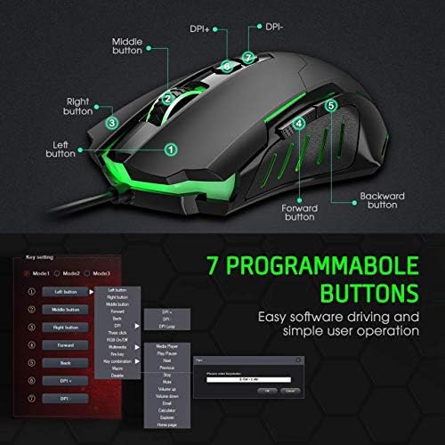 Pictek tastatura i miš za igre, [7200 DPI] [programabilno] [svjetlo za disanje] [7 tipki] ergonomski miševi, [LED RGB Backli] [25