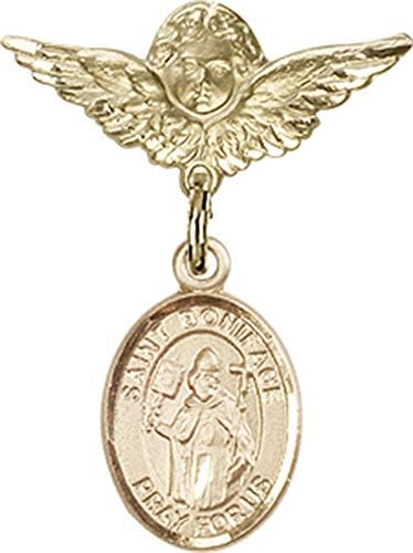 Jewels Obsession Baby Badge sa šarmom St. Boniface i anđelom sa krilima značka / zlato ispunjena bebina značka sa šarmom St. Boniface