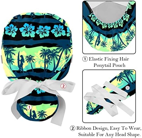2 pakovanje Ženska radna kapa s tipkama traka za kravate za estetske tropske frangipani zeleni izlazak sunca Havaji