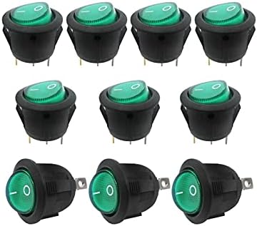 Ganyuu 10pcs AC 250V / 6A, 125V / 10A zeleno svjetlo osvetljeno / isključeno SPST 3 PIN 2 pozicija Mini brod Rocker prekidač