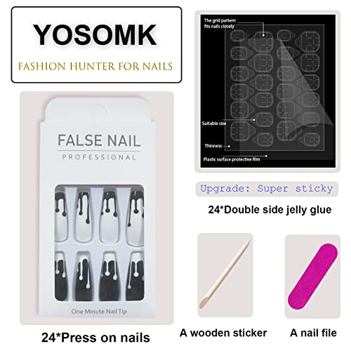 YOSOMK Press on Nails Long with Designs Goth crno-bijeli lažni lažni nokti Press On Coffin umjetni nokti za žene se lijepe na nokte