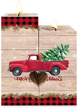 Božić svijećnjak pokloni za žene, dvostrano štampanje svijeća ukras, Sretan Božić kamion Božić stablo na drvenoj ploči drveni svijećnjaci