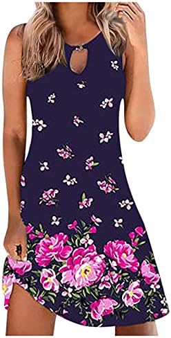 Žene Ljetne casual haljine cvjetni print Okrugli izrez šuplji izlaze bez rukava za plažu bez rukava mini haljine