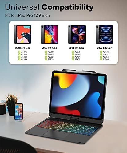 iPad Pro 12.9 Slučaj sa tastaturom 2022, tastatura za iPad Pro 12,9-inčni 6., 5., četvrta, treća generacija, 360 okretna, 7 boja,