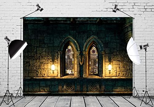 BELECO 10x8ft tkanina gotički dvorac fotografija pozadina drevni kameni dvorac lučni prozori sa vitražom prigušeno svjetlo Halloween zla pozadina srednjovjekovni dvorac Tema Party Dekoracije Foto rekviziti