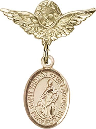 Jewels Obsession Baby Badge sa šarmom Svetog Tome od Villanove i anđelom sa krilima značka / zlato ispunjena bebinom značkom sa šarmom