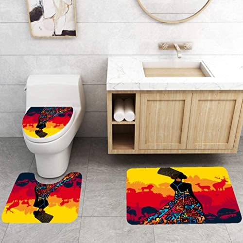 Afričke američke tuširane zavjese za kupaonicu, 4pcs kupaonica sadrži 1 zavjese od tkanine, 2 neklizajućeg kupaonice i 1 toaletni poklopac poklopca, crni dekor kupaonice