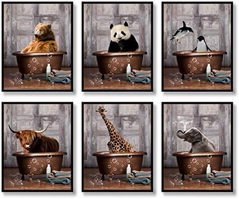 Zidna umjetnost u kupaonici štampanje životinja dekor za kupaonicu Set od 6 platnenih postera Slike Slike Fotografije umjetnička djela kupatila zid crno-bijelo smiješni medvjed Panda Penguin jak žirafa slon u zidnom dekoru kade za djecu kupatilo