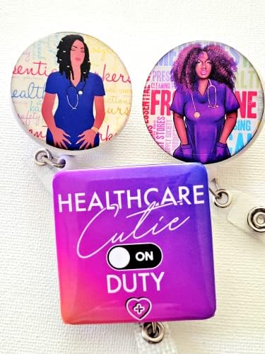 Reflections by Zana Frontline Worker ID Badge Bundle Healthcare Afro Locs and Coils Kružna i kvadratna dugmad sa Bonus torbicom za