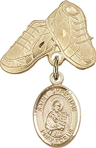 Jewels Obsession bebina značka sa šarmom Svetog Christiana Demostena i iglom za dječje čizme / 14k Zlatna značka za bebe sa šarmom