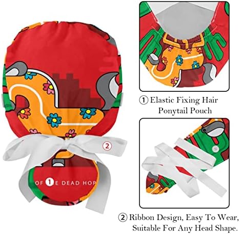 Medicinske kape za žene sa tipkama Duga kosa, 2 komada podesiva radna kapa, dan mrtvog konja crvena