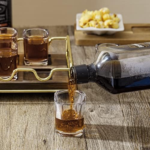 Mygift Shot Glass set poslužavnika od spaljenog drveta sa metalnim okvirom od mesinga, nosač držača sačme sa 10 kvadratnih čaša, set