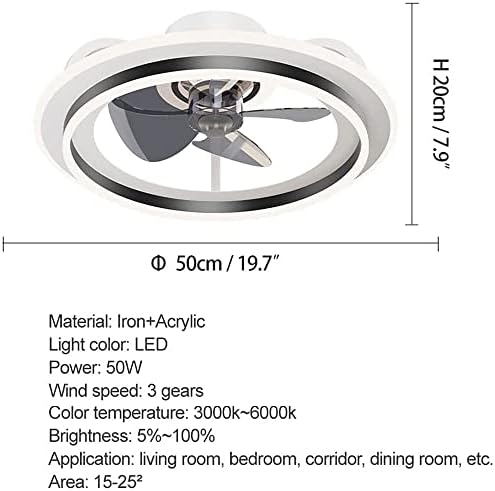 MXYSP LED spavaća soba Skrivena električna ventilatorska plafonska blagovaonica Podesiva 3 boje 3 brzina LED silent ventilatora za