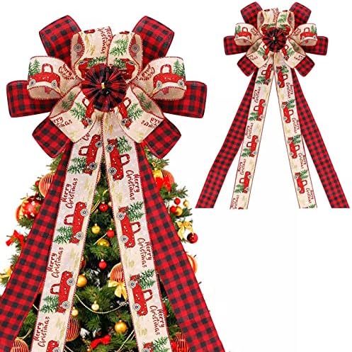 Bciuaor Božićno stablo, veliki burlap crveni crni bijeli bivolski poklon poklon luk ukrasni lukovi za božićno stablo vijenac vrata