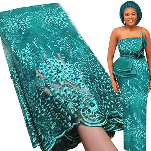 Bestway meke perle Afrička čipkasta tkanina 2.5 Yards Teal cvjetni vez Nigerijska Francuska čipkasta tkanina od tila za vjenčanicu