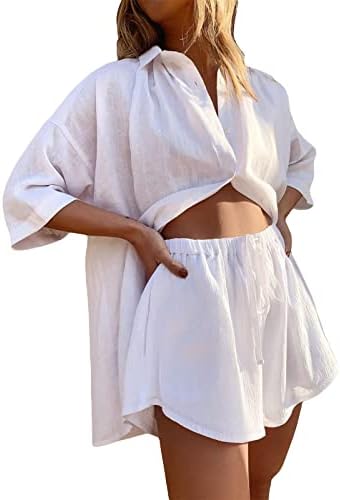 LookWoild Pamuk posteljina set za žene 2 komada Outfit Plaža Kratka rukava i kratke hlače Postavite Ležerne prilike za ljetnu trakse