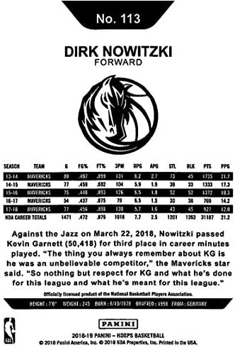 2018-19 NBA HOOPS Košarka 113 Dirk Nowitzki Dallas Mavericks Službena trgovačka karta napravljena od Paninija