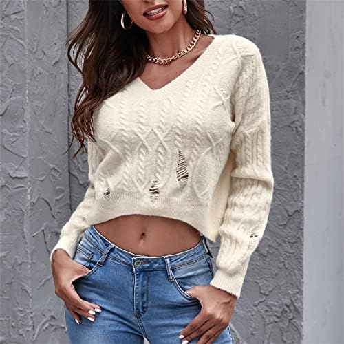 Jinlile ženski kratki pleteni džemper pulover dugih rukava V-izrez Duks ležerne proljeće radne ured Labava fit šuplja bluza