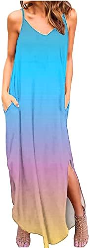 OPLXUO Ljetne maxi haljine za žene 2023 Ležerne prilike s V-izrezom bez rukava dugačak zarez za kravate kravate kravate Dye prorezajte