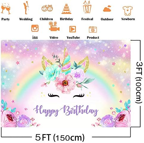 Avezano unicorn birthday Backdrop 5x3ft Gold Glitter Rainbow Unicorn Birthday photo Background Girls Birthday Bokeh Floral Party Decorations