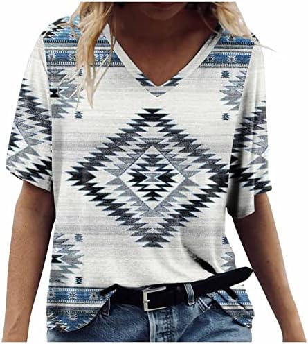 Womens Zapadne košulje Vintage Etničko stil Geometrijski print Kratki rukav Aztec Tunic vrhovi Ljeto labavo Ležerne tipke