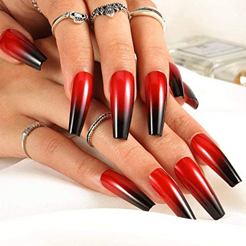 Outyua Ombre crvena crna presa na noktima Coffin Ballerina lažni nokti Super dugi lažni nokti sa dizajnom akrilni Božićni nokti za