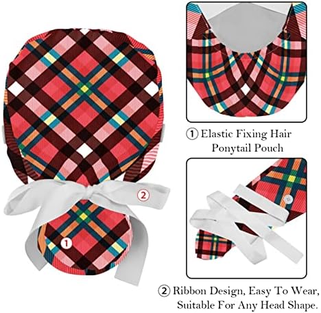 2 Pakirajte radne kapice sa gumbom, crveni škotski plairani bouffant piling šešire žene duge kose