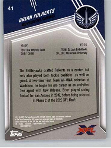 2020 TOPPS XFL 41 Brian Folkerts Rc Rookie St. Louis Battlehawks Football Trading Card