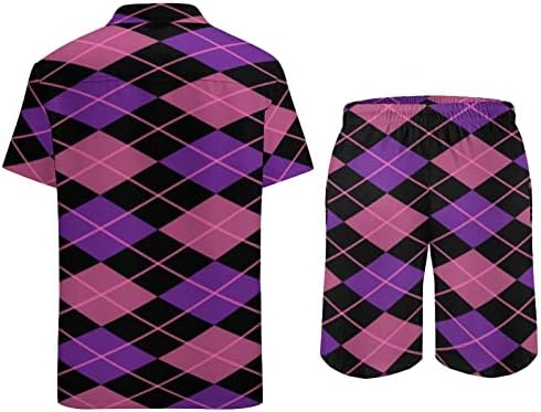 Ružičasti ljubičasti Argyle Diamonds muškarci 2pcs Hawaiian Set gumb-down labav fit majice plaža hlače trenerke