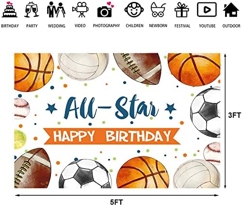 Ticuenicoa 5×3ft Sports Birthday Backdrop All Star Boys Football Basketball Baseball Kids Birthday pozadina Kids Sports Theme Birthday